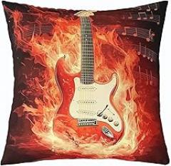 Flame Guitar Throw Pillow Covers,Hip-pop Music Cushion Cover Kids Teens Bed Chair Living Room Sofa Decor,Electronic Musical Pillow Case Red Black Modern Pillowcases,16