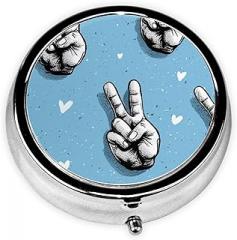 Hands Doing The Peace Symbol Round Pill Case, Portable Pill Box for Pocket Metal Medicine Vitamin Organizer 3 Compartment Three Times A Day