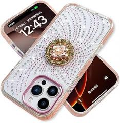 for iPhone 16 Pro Max Case for Women Girls,Luxury Bling Glitter Rhinestone Design with Spinning Wheel Flower Ring Stand,Cute Girly Sparkle Diamond Clear TPU Bumper Phone Case for iPhone 16 Pro Max