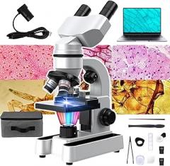 Compound Binocular Microscope, 40X-1600X Binocular Microscope with Electronic Eyepiece, 7-Color Led Lighting,Storage Bag, Microscope for Adults Kids Students Homeschool Education/Hobbyist ,White