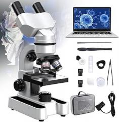 Compound Binocular Microscope with Electronic Eyepiece,40x-1600x Professional Microscope,7-Color Led Lighting and 360° Rotation,Microscope for Adults/Children/Students,White