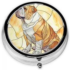 Stained Glass English Bulldog Round Pill Case, Portable Pill Box for Pocket Metal Medicine Vitamin Organizer 3 Compartment Three Times A Day