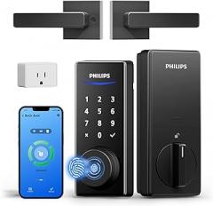 Philips WiFi Smart Lock with Handle, Fingerprint Keyless Entry Door Lock with WiFi Bridge, Smart Locks for Front Door with Handle Set, APP Remote Control, Voice Control, Auto-Lock, Matte Black