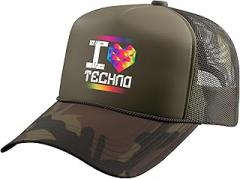 SteMi Techno Apparel I Love Techno Electronic Music Rave Festival Raver Trucker Hat with Adjustable Mesh Back