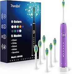 7AM2M Sonic Electric Toothbrush with 6 Brush Heads for Adults&Kids, One Charge for 120 Days, Wireless Fast Charge, 5 Modes, 40000VPM Powered Toothbrush, 2 Minutes Built in Smart Timer - Purple