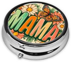 Retro Word Mama Daisies and Leaves Round Pill Case, Portable Pill Box for Pocket Metal Medicine Vitamin Organizer 3 Compartment Three Times A Day