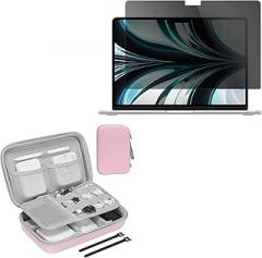 ProCase Privacy Screen Protector for MacBook Air 13.6 M2 2022 Release Bundle with Hard Travel Electronic Organizer Case for MacBook Power Adapter Chargers Cables –Rosegold