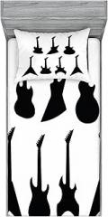 Ambesonne Rock Music Fitted Sheet & Pillow Sham Set, Various Guitar Silhouettes Acoustic Electronic Bass Abstract String Instruments, Decorative Printed 2 Piece Bedding Decor Set, Twinxl, Black