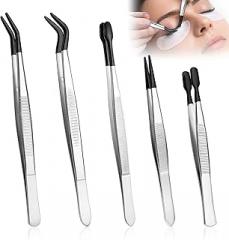 5Pcs Tweezers with Rubber PVC Coated Set, Straight Tip Tweezers Rubber Flat Tip Precision Long Bent Tweezer for Crafts Stamps Beads Jewelry Tools Electronic Lab