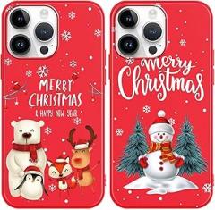 2 Pack Cute Christmas Case for iPhone 14 Pro MaxInch,Red Snowman Merry Christmas Animals Pattern Soft Silicone TPU Pretty Flexible Protective Funda for Kid Girls Women