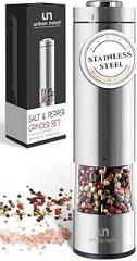 Electric Salt and Pepper Grinder - Battery Operated Stainless Steel Pepper Mill with Light - Automatic One Handed Operation - Electronic Adjustable Shaker - Ceramic Grinder