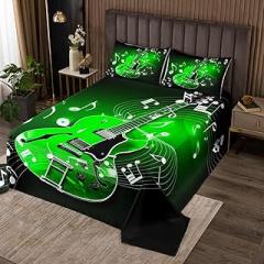 Red Guitar Quilt Set for Kids Teens,Electronic Guitar Bedspread Coverlet,Rock Music Theme Bed Cover Music Notes Bedding Set Decorative Quilted 2 Piece Coverlet Set with 1 Pillow Sham,Twin Size