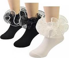 Girls Sequin Lace Ruffle Socks Double Frilly Dress Socks Toddler Turn Cuff Socks 3 Pack