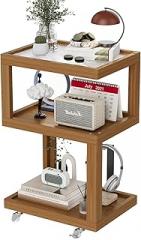 3-Tier Side Table - Walnut Geometric Design with Glass Top & Wheels, Sofa & Bedside Table for Small Spaces, Living Room & Bedroom Modern Minimalist