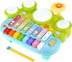 PowerTRC 3 in 1 Musical Instrument Toy for Baby & Toddler, Electronic Piano Keyboard with Xylophone and Drum Set, Learning Toy with Lights and Sound, Educational Montessori Toys for Babies