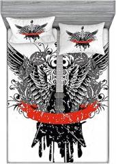 Ambesonne Rock Music Fitted Sheet & Pillow Sham Set, Guitar Wings Leaf Pattern Ribbon Color Dripping Electronic Instrument Design, Decorative Printed 3 Piece Bedding Decor Set, King, Scarlet Black