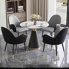 Kitchen Breakfast Bar Table and Chair Set, Office Reception Room Club Table, Small Conference Room Tables, Round Slate Desktop and with 4 PU Leather Chairs, 80cm(Light Gray+Black)