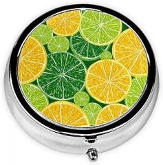 Bstract Lemon and Lime Slices Round Pill Case, Portable Pill Box for Pocket Metal Medicine Vitamin Organizer 3 Compartment Three Times A Day