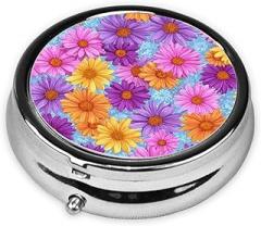 Colorful Daisies Pink Yellow Purple Scattered Round Pill Case, Portable Pill Box for Pocket Metal Medicine Vitamin Organizer 3 Compartment Three Times A Day