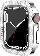 HANKN Portable Electronic Device Cover for Apple Watch Series 9 8 7 41mm, Silver Bling Sparkling Crystal Diamond Rhinestone Case with Hard PC Shockproof Screen Protector, Women Iwatch Bumper Cover