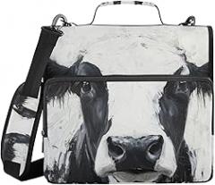Cow Black White Head Zipper Binder - 1.5” D-Rings, Shoulder Strap, 500 Sheet Capacity, Multiple Pockets & Storage Organizer, Compatible with 13” Laptop Tablet