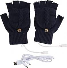 USB Warmer Heated Gloves Flip Half Fingerless Electronic Knitted Hand Gloves for Men Women Winter (Navy Blue)