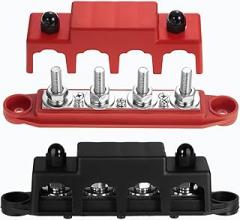 Hoteam Power Distribution Block Bus Bar 4 Post Marine Bus Bar with Cover Terminal Block Distribution Connecting Blocks Terminal Studs Red and Black 48V DC 250 Amp for Car RV Truck Boat (5/16