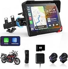 2026 L-imited Time 7inch Motorcycle CarPlay w 4K Dash Cam Carplay Motorcycle Android Auto Screen for Moto with Dual Cameras for Motorbike WiFi GPS Navigation Remote Voice Control Bluetooth 64G Card