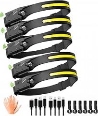 Headlamp Rechargeable, 230° Wide Beam Head Lamp,Portable Lightweight headlaght with Motion Sensor- Adults Camping Accessories Gear,Waterproof Head Light Flashlight for Cycling Fishing Repairing (5PCS)