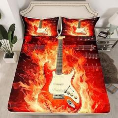 Flame Guitar Fitted Sheet Twin Size,Hip-pop Music Bedding Sets 2Pcs for Kids Girls Boys Adult Room Decor,Electronic Musical Bed Sheets Red Black Modern Deep Pocket Sheet,1 Pillowcase