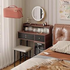 Dressing Table, Vanity Desk with LED Light Drawers and Stool, for Bedroom
