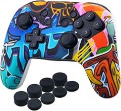 YoRHa Studded Silicone Transfer Print Cover Skin Case ONLY for Nitendo Official Switch Pro Controller x 1(Comic Graffiti) with Pro Thumb Grips x 8