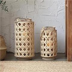 2 Pack Lanterns Decorative Indoor, Outdoor Lanterns for Porch, Bamboo Woven Handmade Front Porch Decor, Candle Lantern with Handle, Hanging Candle Holder with Electronic Candle