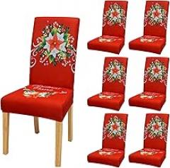 Fofetbfo 6Pcs Christmas Chair Covers Chair Back Covers Red Poinsettia Chair Cover Stretch Christmas Dining Room Chair Covers Xmas Chair Back Cover for Christmas Dinning Room Decoration