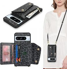 for Google Pixel 8 Pro Case with Card Holder and Strap - Zipper Pocket,Crossbody Lanyard Strap,Credit Card Holder,Cute Phone Wallet Case for Women(Black Leopard)