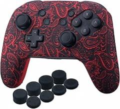 Studded Silicone Transfer Print Cover Skin Case ONLY for Nitendo Official Switch Pro Controller x 1(Leaves Red) with Pro Thumb Grips x 8