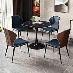 Small Conference Room Negotiation Table Sets, Slate Dining and PU backrest Chair Sets, Office Reception Round Table, Sturdy Metal Legs, for Family Apartment(Blue)