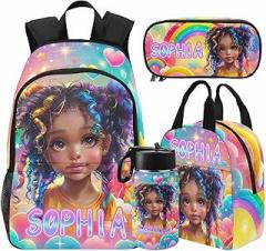 Faroishta Custom Backpacks and Lunchbox Set for Girls Personalized Kindergarten School Bag Water Bottle with Name Customized Children Shoulder Bag Pencil Pouch Back to School Gift for Daughter Niece