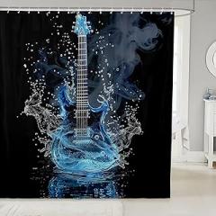 Music Guitar Shower Curtain,Hip-pop Music Bath Curtain for Teens Adult Bathroom Decor,Electronic Musical Waterproof Quick Dry Fabric Blue Black Bathtub Drapes with 12 Hooks,72