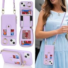 for iPhone 15 Plus Wallet Case with Card Holder for Women,for iPhone 14 Plus Crsosbody Case with Strap Lanyard,Zipper Stand Ring Phone Cover with Coin Pocket-Purple