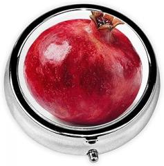 Single Pomegranate Round Pill Case, Portable Pill Box for Pocket Metal Medicine Vitamin Organizer 3 Compartment Three Times A Day