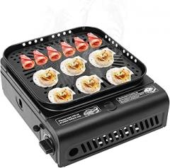 Portable Camping Stove, Non-stick Grill Tray, Electronic Ignition Adjustable Firepower, Aluminum Alloy Construction with Safety Overpressure Valve, Lightweight with Carry Case (Black)