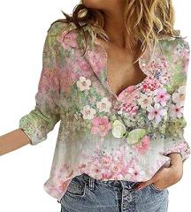 SHAOBGE Boho Tops for Women Flower Print Button Down Long Sleeve Shirt for Women Casual Floral V 2024 Spring