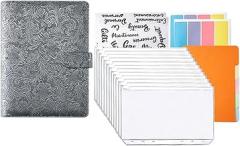 GPAHRRDNIJ Zipper Bag Macaron Notebook Leather Budget Ledger Letter Label Notebook Set Dot Spiral 7x10 (Grey, One Size)