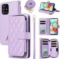 Wallet Case for Samsung Galaxy A71 4G with Wrist Strap, Crossbody Shoulder Strap, 9+ Card Slots Zipper Purse, Luxury PU Leather Stand Cell Phone Cover for A 71 71A S71 A715F Women Purple