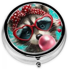 White and Grey Racoon Heart-Shaped Sunglasses Round Pill Case, Portable Pill Box for Pocket Metal Medicine Vitamin Organizer 3 Compartment Three Times A Day