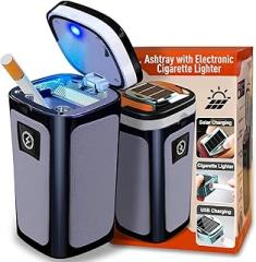 Car Ashtray with Solar Powered & USB Charged Electronic Cigarette Lighter, Smellproof & Smokeproof Cup Holder Ashtray with Automatic LED Light
