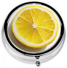Realistic Lemon Circle Round Pill Case, Portable Pill Box for Pocket Metal Medicine Vitamin Organizer 3 Compartment Three Times A Day