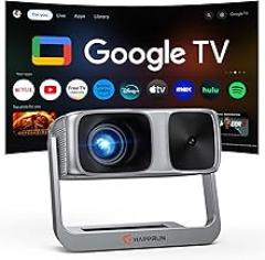 2000 ANSI Official Licensed Google TV Outdoor Projector 4K Decoding, Smart Projector with Wifi and Bluetooth, Auto Focus, Dolby Sound, Built-in Apps, HAPPRUN Indoor Home Theater with 270° Stand