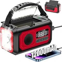 12000mAh Emergency Weather Radio, Hand Crank Solar Radio Portable AM/FM/NOAA Radio with 2 Solar Panels 3 Charging Methods SOS Alarm 3 Mode Flashlight Phone Charger Compass Reading Lamp (Red)